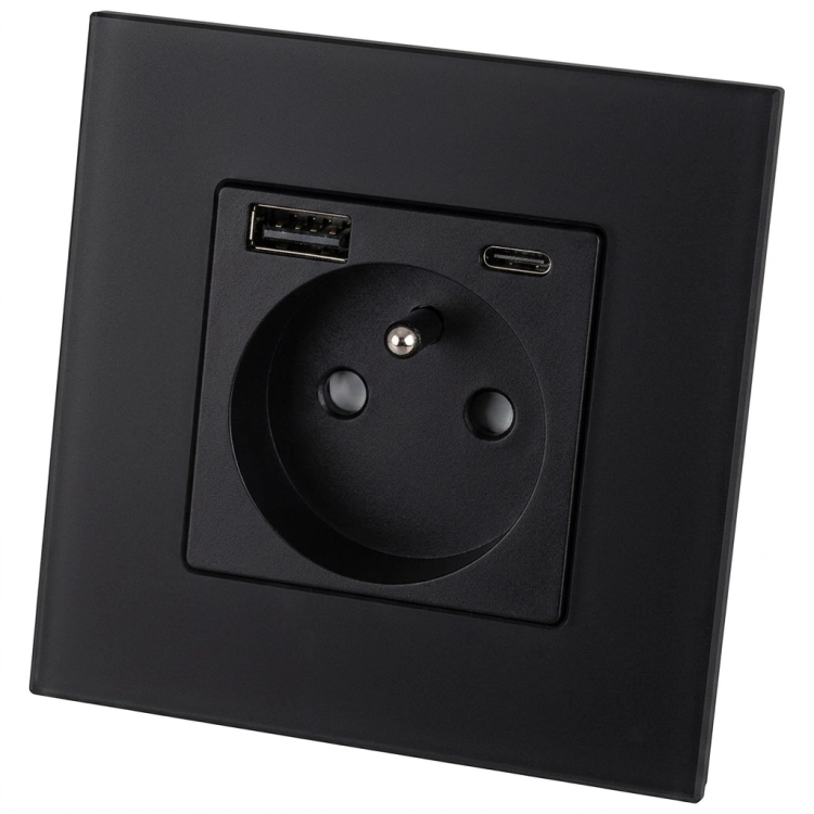 Priză Din Sticlă Mată Cu Pin De Împământare + Încărcător Dublu USB A+C 20W MIUUN