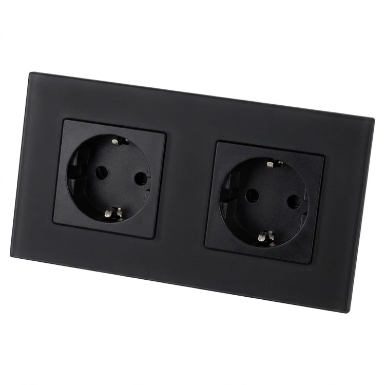 Priză Dublă Din Sticlă Mată Schuko Neagră Și Ramă Dublă 2 X Priză