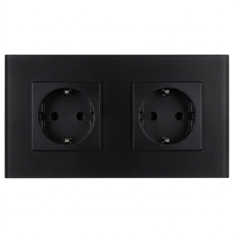 Priză Dublă Din Sticlă Mată Schuko Neagră Și Ramă Dublă 2 X Priză