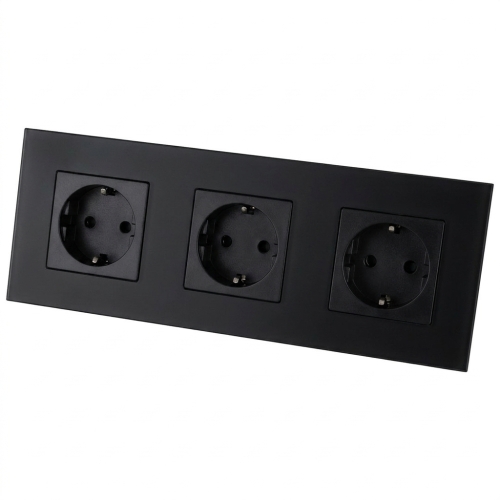 Priză Triplă Din Sticlă Mată Neagră Schuko Ramă Triplă Și 3 X Priză