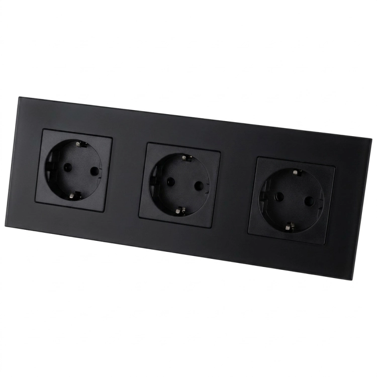 Priză Triplă Din Sticlă Mată Neagră Schuko Ramă Triplă Și 3 X Priză