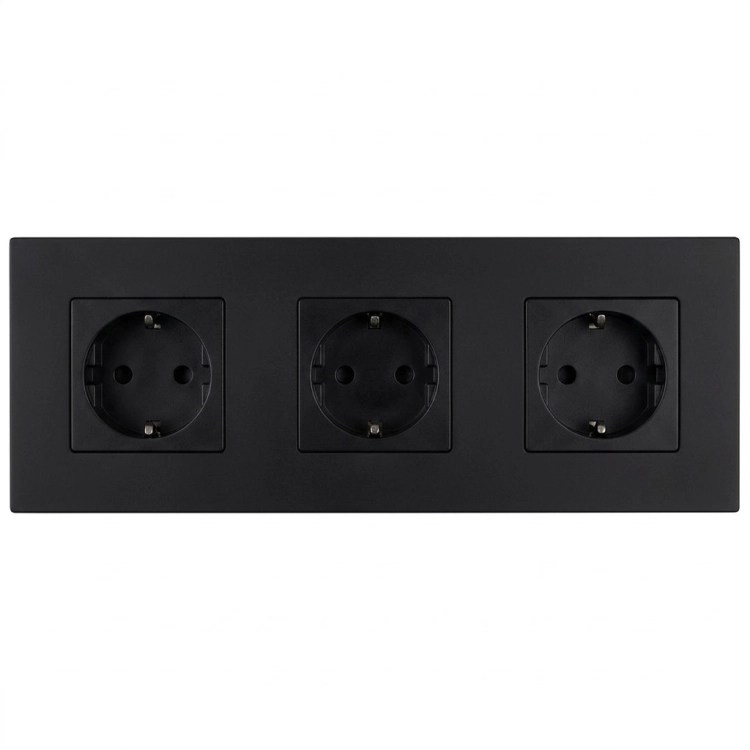 Priză Triplă Din Sticlă Mată Neagră Schuko Ramă Triplă Și 3 X Priză