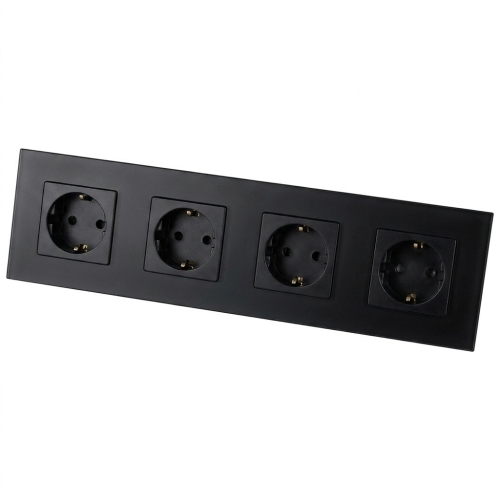Priză Cvadruplă Din Sticlă Mată Schuko Neagră Ramă Cvadruplă Și 4 X Priză
