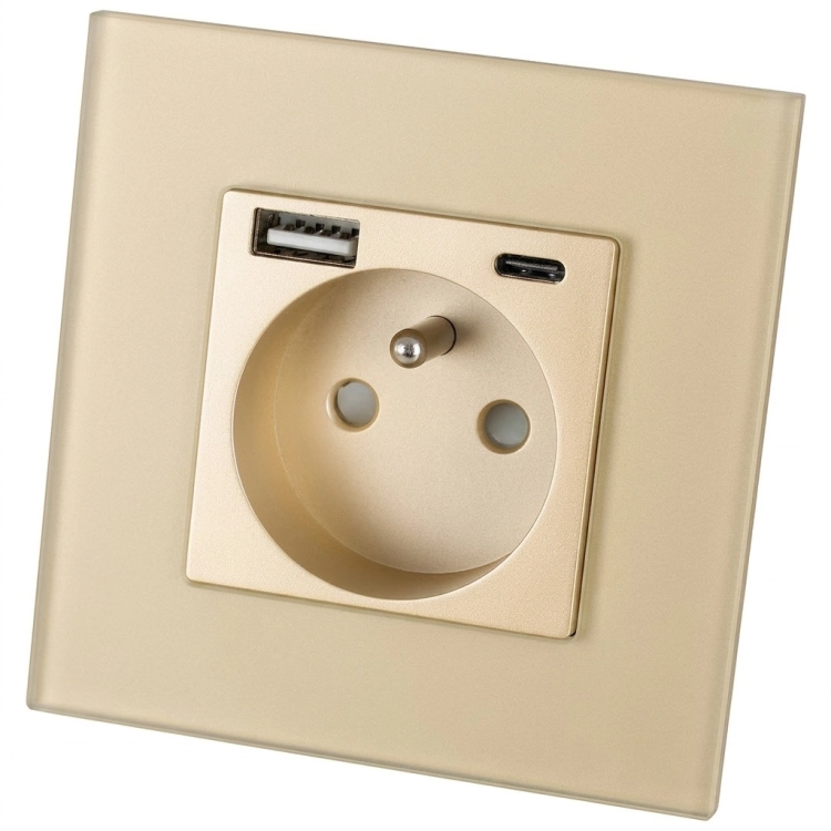 Priză Din Sticlă Mată Cu Pin + Încărcător Dublu USB A+C 20W MIUUN