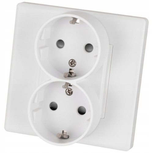 Priză Dublă Albă Schuko Cu Împământare Fără Pin Set Cu Ramă PCV