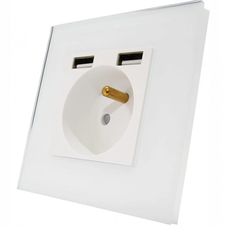Priză Cu Pin Albă Din Sticlă + Încărcător Dublu USB A+A 2.4A