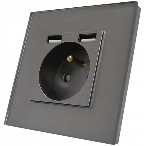 Priză Electrică Din Sticlă Gri + Încărcător Dublu USB Tip A+A 2.4A