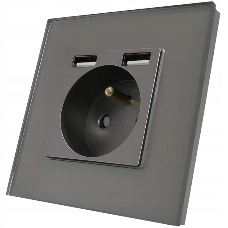 Priză Electrică Din Sticlă Gri + Încărcător Dublu USB Tip A+A 2.4A