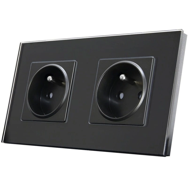 Priză Dublă Din Sticlă Neagră Set Ramă Dublă Și 2 X Priză Simplă Cu Pin