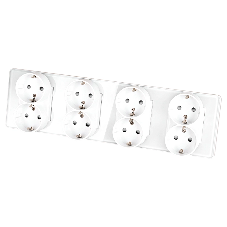 Priză Cvadruplă Din Sticlă Lucioasă Schuko Albă Ramă Cvadruplă Și 4 X Prize