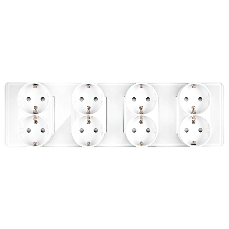 Priză Cvadruplă Din Sticlă Lucioasă Schuko Albă Ramă Cvadruplă Și 4 X Prize