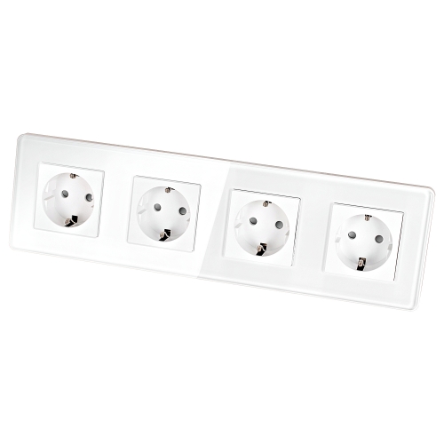 Priză Cvadruplă Din Sticlă Lucioasă Schuko Albă Ramă Cvadruplă Și 4 X Prize