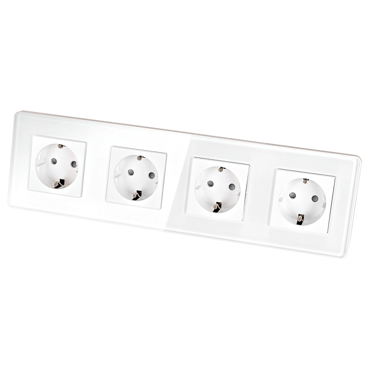 Priză Cvadruplă Din Sticlă Lucioasă Schuko Albă Ramă Cvadruplă Și 4 X Prize