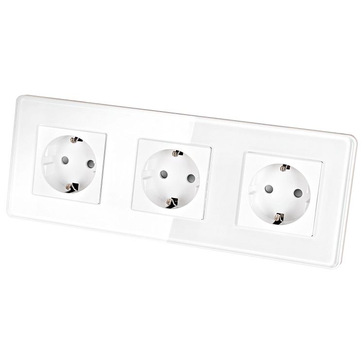 Priză Triplă Din Sticlă Lucioasă Albă Schuko Ramă Triplă Și 3 X Prize