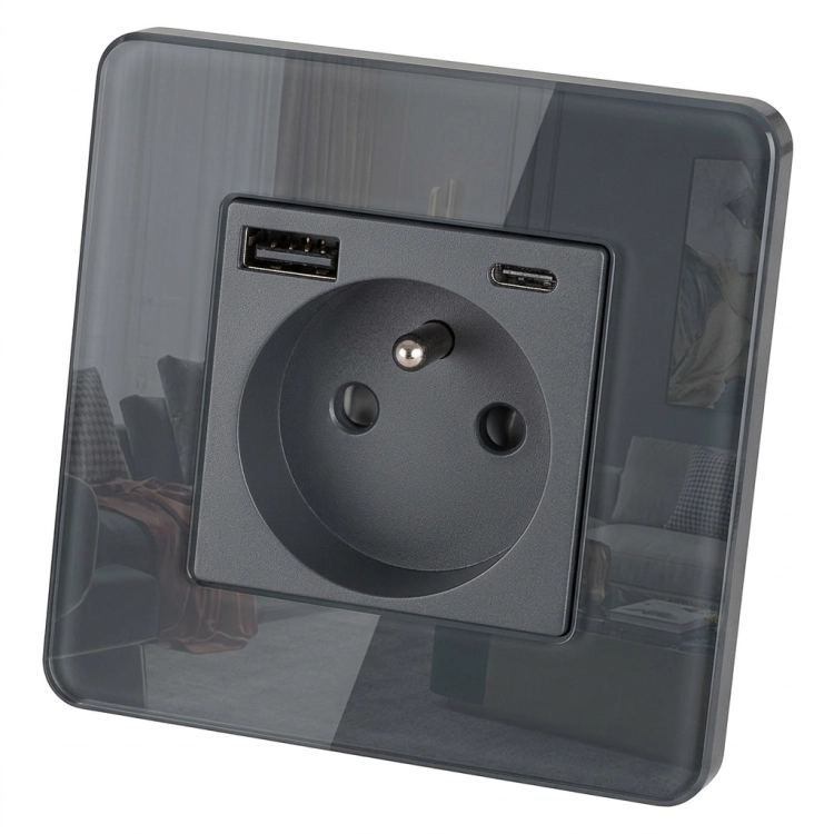 Priză Din Sticlă Lucioasă Cu Pin + Încărcător Dublu USB A+C 20W MIUUN
