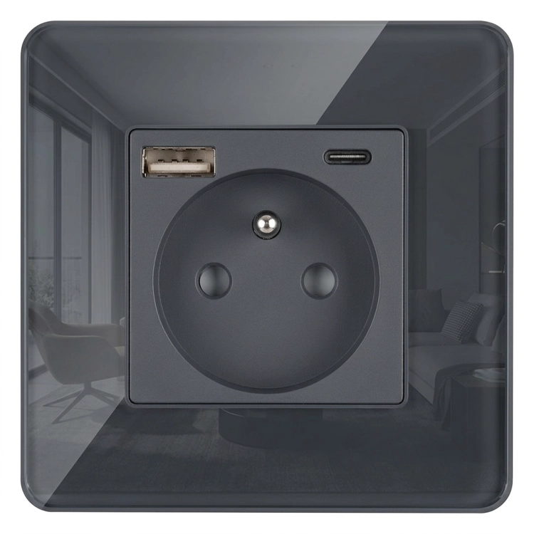 Priză Din Sticlă Lucioasă Cu Pin + Încărcător Dublu USB A+C 20W MIUUN
