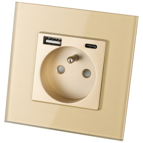 Priză Cu Pin De Împământare Din Sticlă Aurie + Încărcător Dublu USB 20W Tip A+C