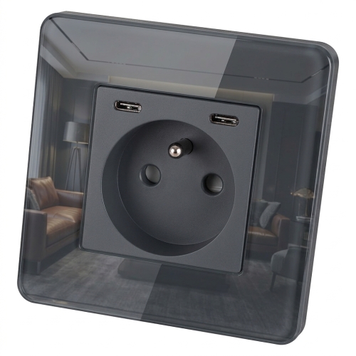 Priză Din Sticlă Lucioasă + Încărcător Dublu USB C+C 20W Gri MIUUN