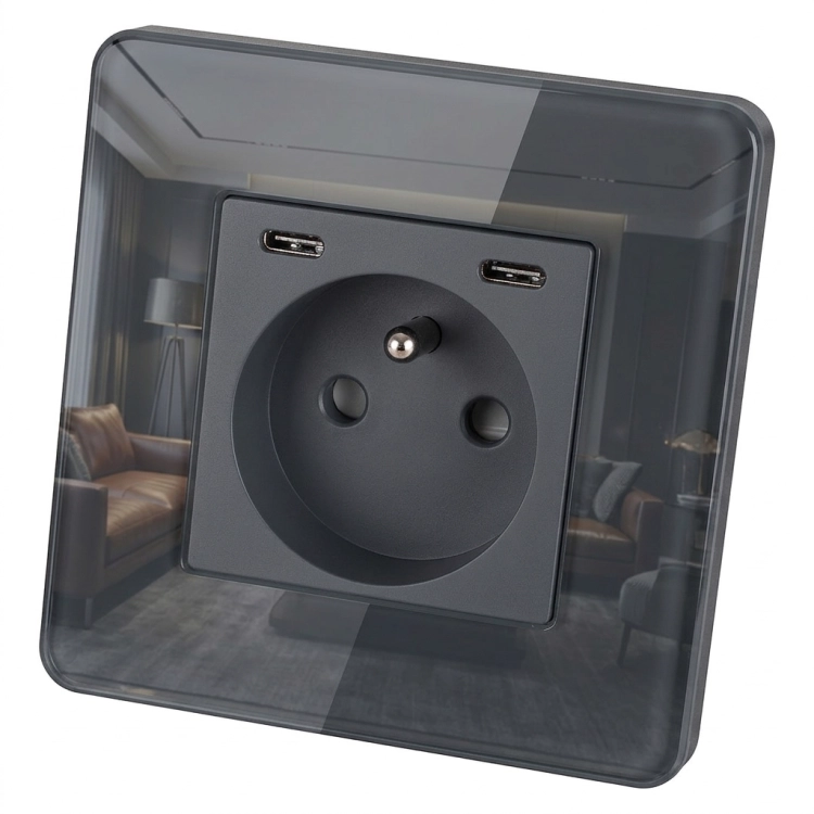 Priză Din Sticlă Lucioasă + Încărcător Dublu USB C+C 20W Gri MIUUN