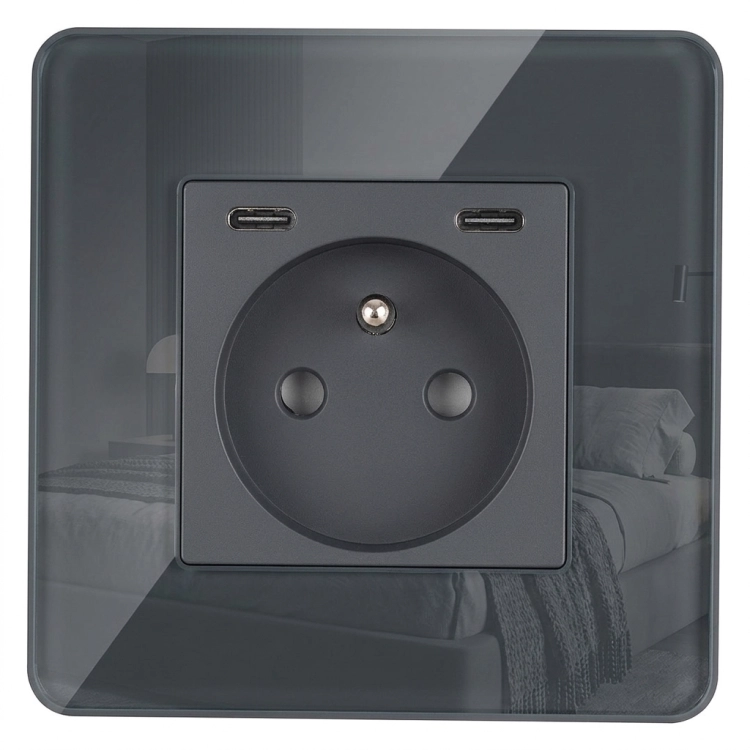 Priză Din Sticlă Lucioasă + Încărcător Dublu USB C+C 20W Gri MIUUN