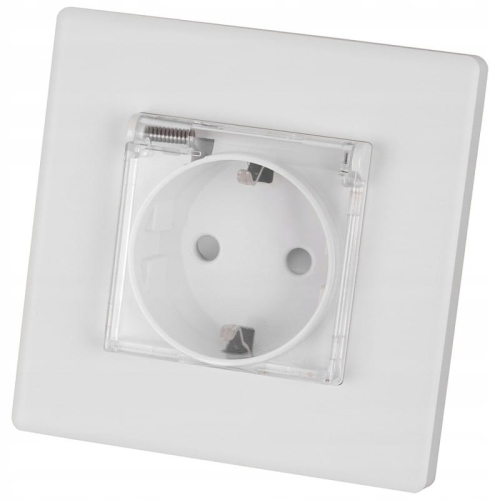Priză Albă Cu Capac Pentru Baie Schuko Cu Împământare Fără Pin Set Cu Ramă PCV