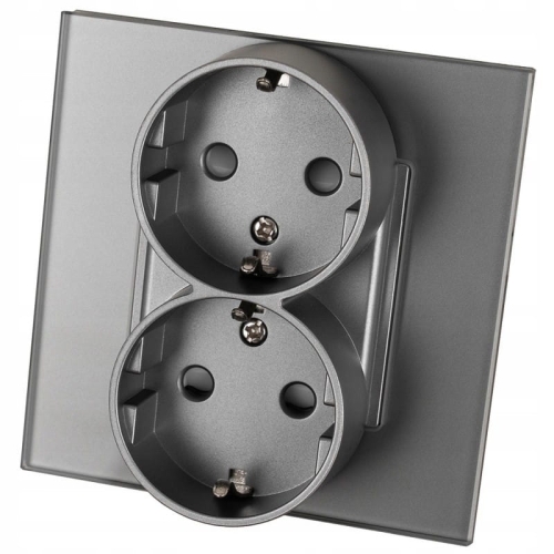 Priză Dublă Din Sticlă Schuko Cu Împământare Fără Pin Gri
