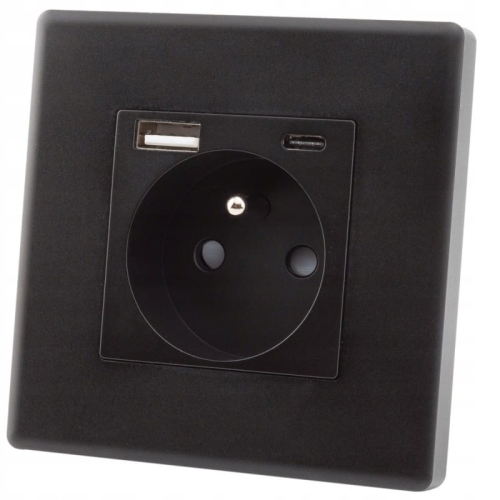 Priză Neagră Cu Pin De Împământare + Priză USB A+C 20W Set Cu Ramă PVC
