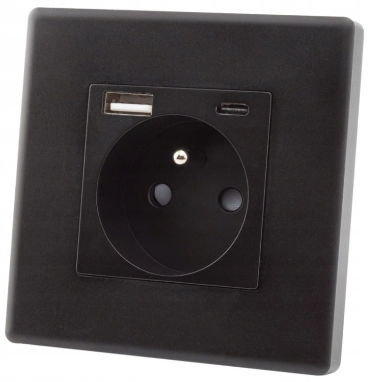 Priză Neagră Cu Pin De Împământare + Priză USB A+C 20W Set Cu Ramă PVC