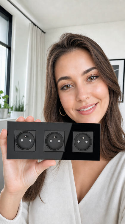 Priză Triplă Din Sticlă Neagră Set Ramă Triplă Și 3 X Prize