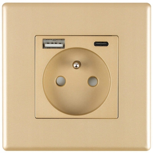 Priză Cu Pin Aurie + Priză USB A+C 20W Set Cu Ramă PCV