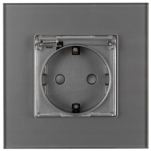 Priză Schuko De Baie Gri Cu Clapetă Cu Împământare Fără Pin Din Sticlă