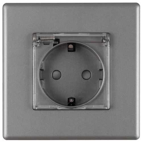 Priză Gri Cu Clapetă De Baie Schuko Cu Împământare Fără Pin Set Cu Ramă PCV