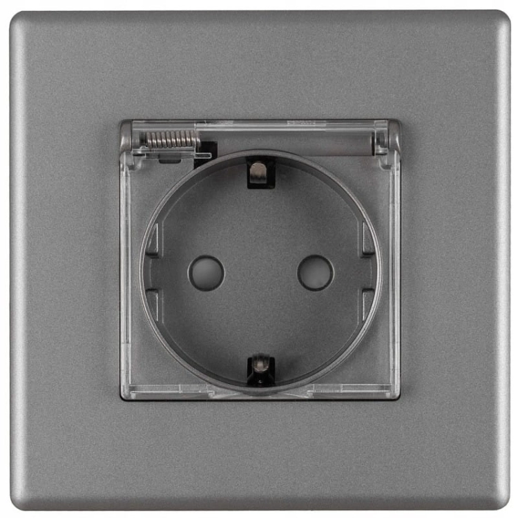 Priză Gri Cu Clapetă De Baie Schuko Cu Împământare Fără Pin Set Cu Ramă PCV