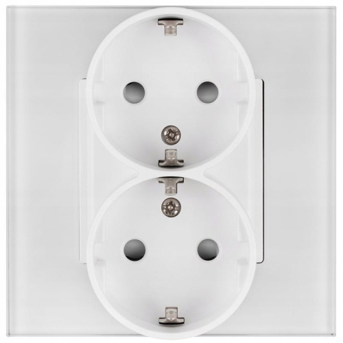 Priză Dublă Din Sticlă Schuko Cu Împământare Fără Pin Albă
