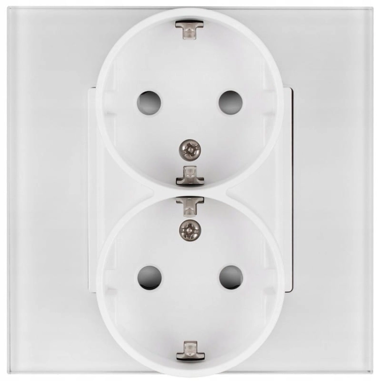 Priză Dublă Din Sticlă Schuko Cu Împământare Fără Pin Albă