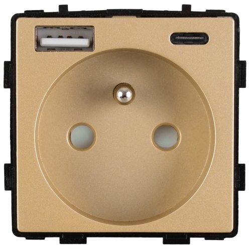 Modul Priză Cu Pin De Împământare + Încărcător Dublu USB Tip A+C 20W Aurie Pentru Rame